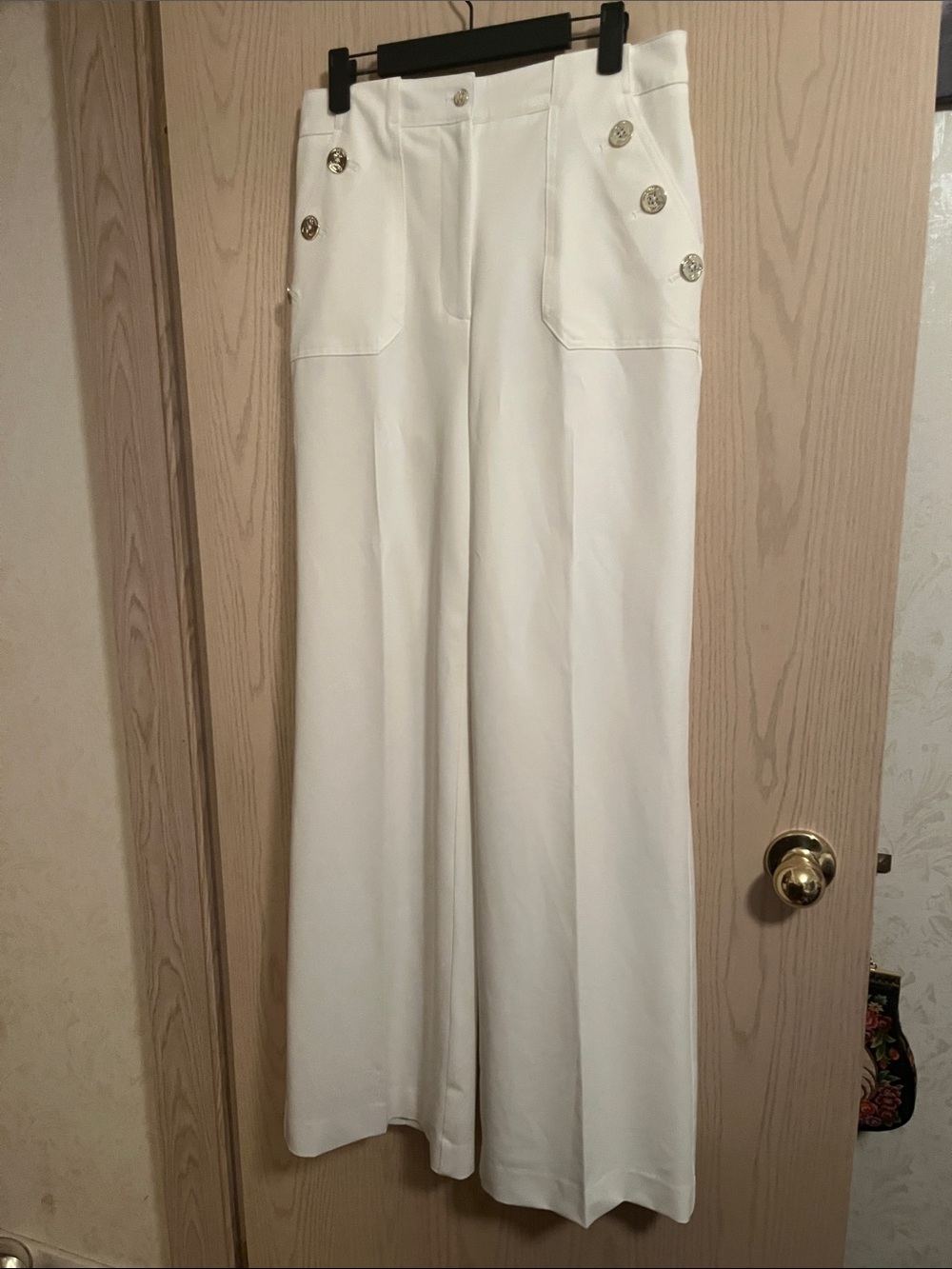 Tommy Hilfiger White Wide-Leg High-Rise Pants with Button Detail